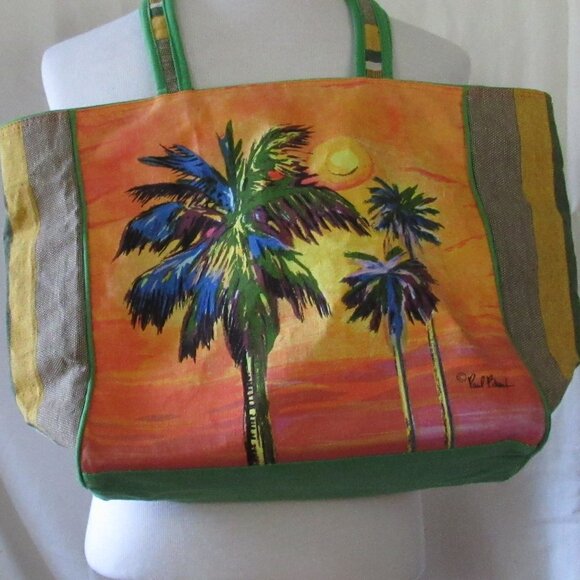 Paul Brent Tropical Beach Bag Sun N Sand Palm Trees Yellow Orange EUC - Picture 2 of 7